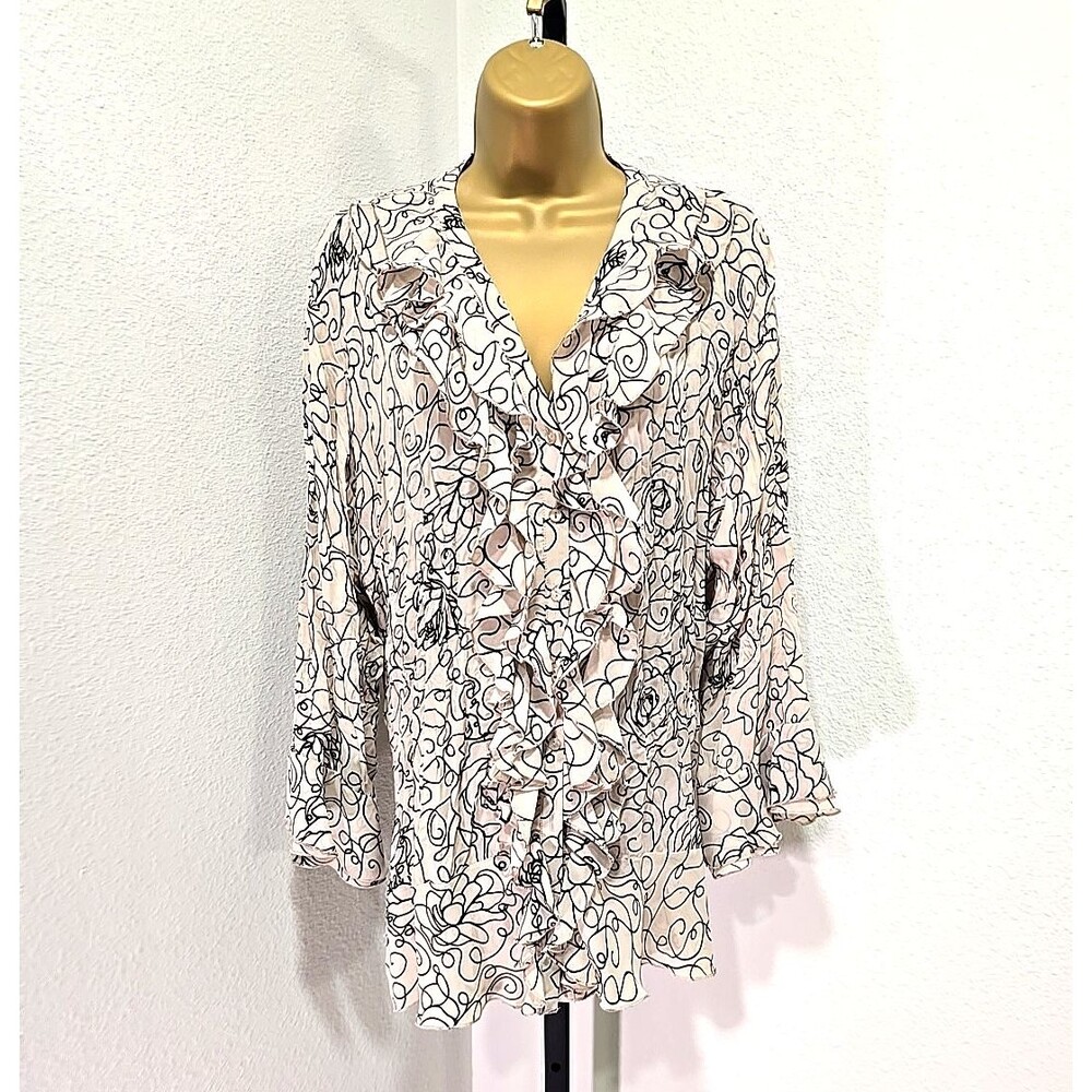 Allison Taylor Beige Black Ruffle Blouse Womens 1X Whimsical Boho Chic Neutral